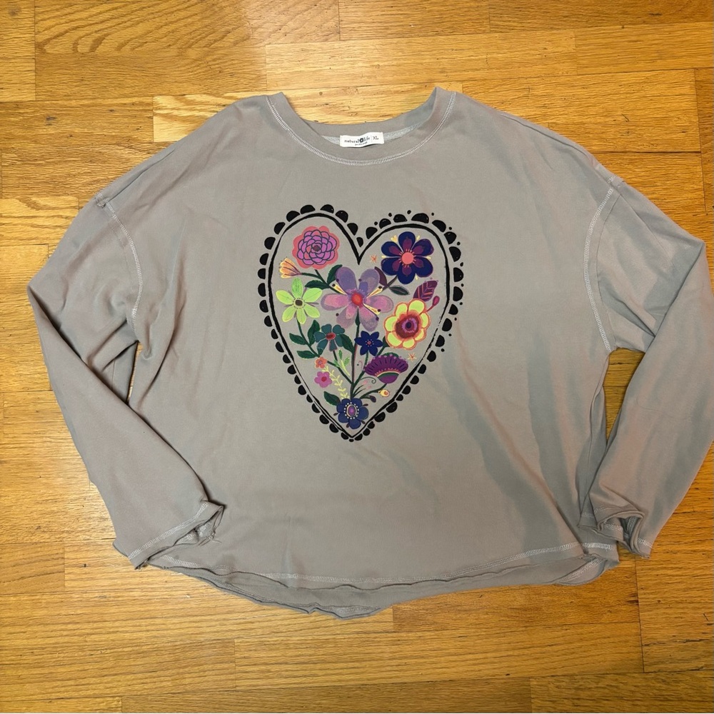 Natural Life Arden Floral Heart Slouchy Boxy Boho Cottage Long Sleeve Tee XL